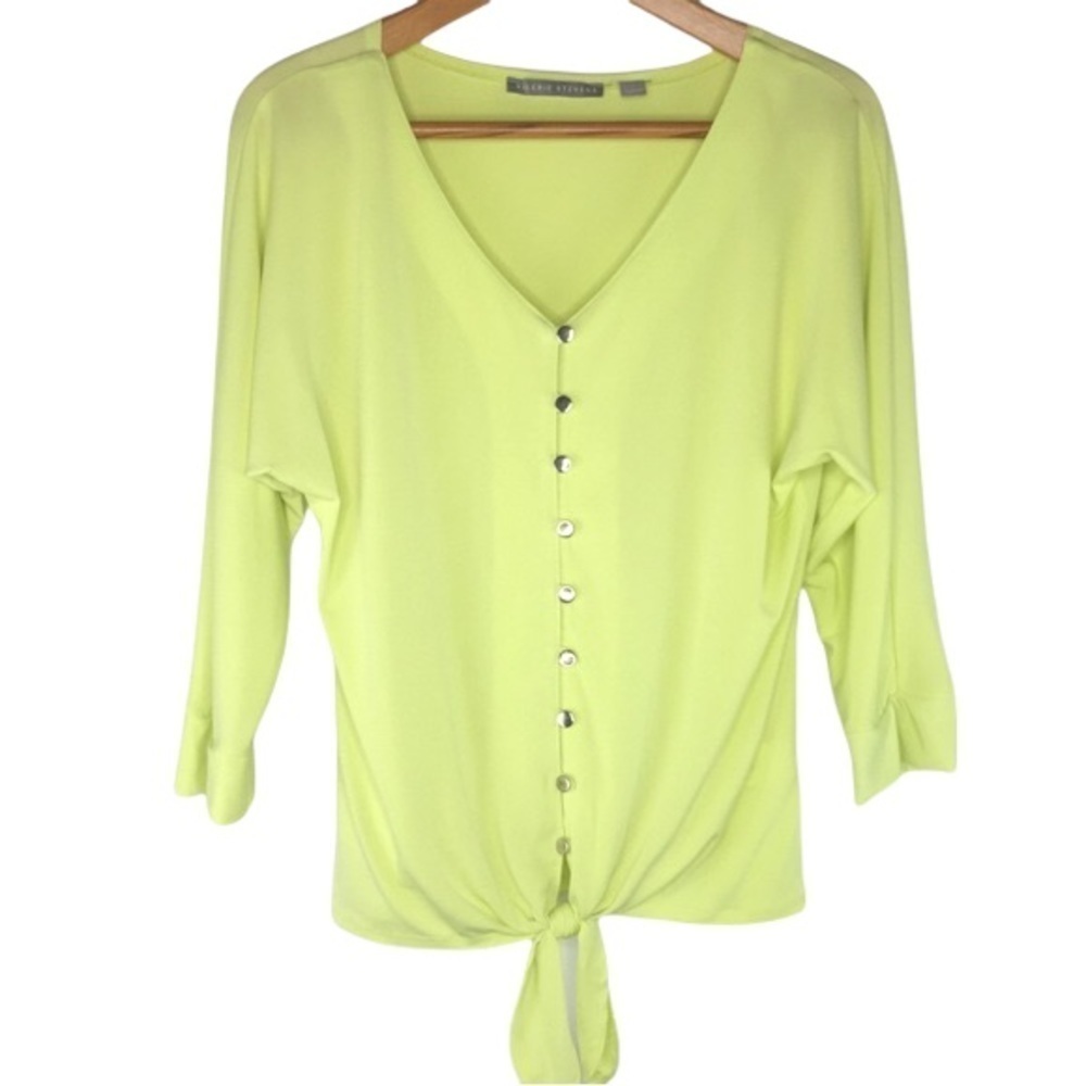 Valerie Stevens neon bright yellow tie front silver button v neck top wms small